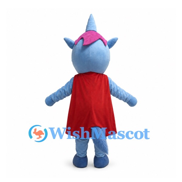 Blue Unicorn Mascot Costume with Black Sunglasses and Red Cape