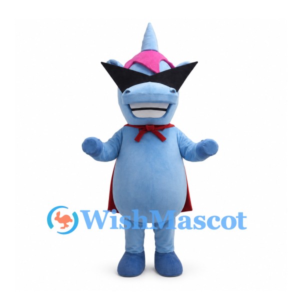 Blue Unicorn Mascot Costume with Black Sunglasses and Red Cape
