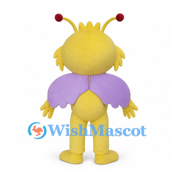 Yellow Butterfly Mascot Costume with Purple Wings and Red Tipped Antennae