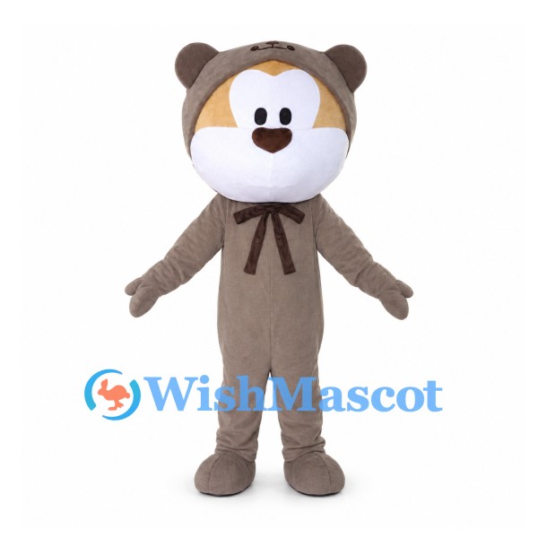 Bear Character Mascot Costume with Taupe Hood and Brown Bow Tie