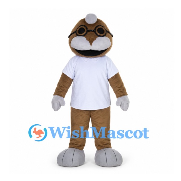 Brown Mole Mascot Costume with Round Glasses and White Shirt