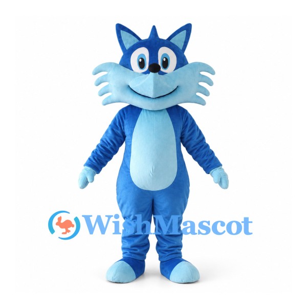 Blue Cat Mascot Costume with Spiked Light Blue Cheeks and White Belly