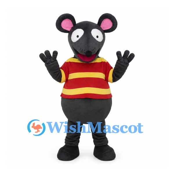 Black Mouse Mascot Costume with Red and Yellow Striped Shirt