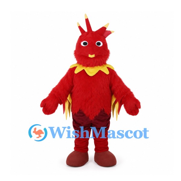 Red Fire Monster Mascot Costume with Yellow Spikes and Shaggy Body