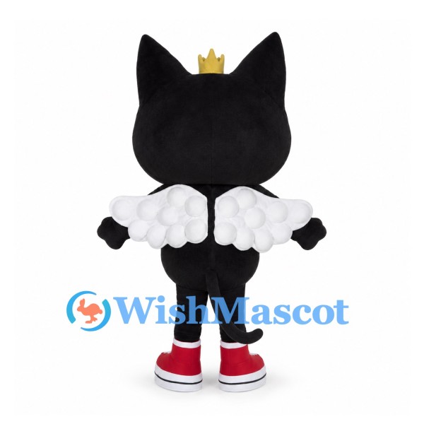 Black Cat Mascot Costume with Gold Crown and White Ruffled Collar