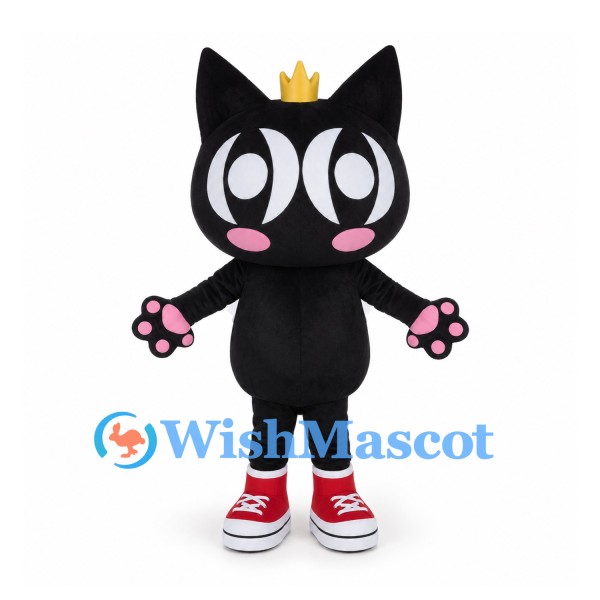 Black Cat Mascot Costume with Gold Crown and White Ruffled Collar