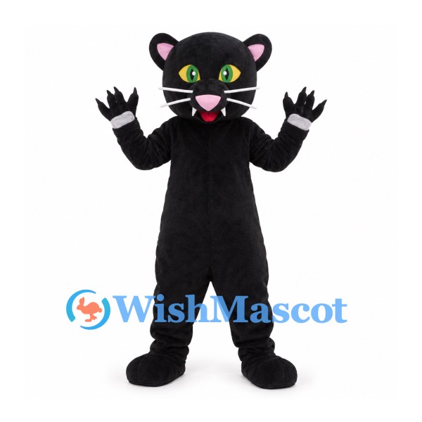 Black Cat Mascot Costume with Green Eyes and White Whiskers