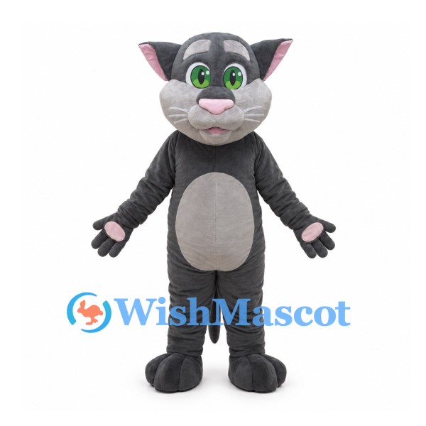 Gray Cat Mascot Costume with Green Eyes and Pale Belly
