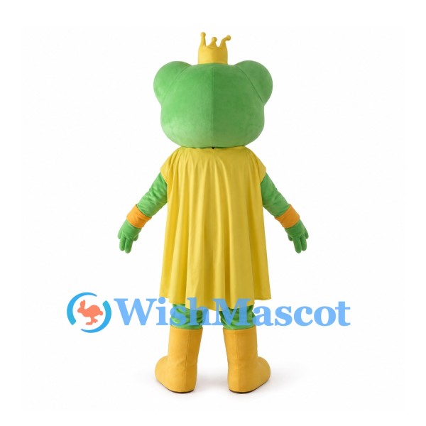 Frog King Mascot Costume with Gold Crown and Yellow Royal Cape