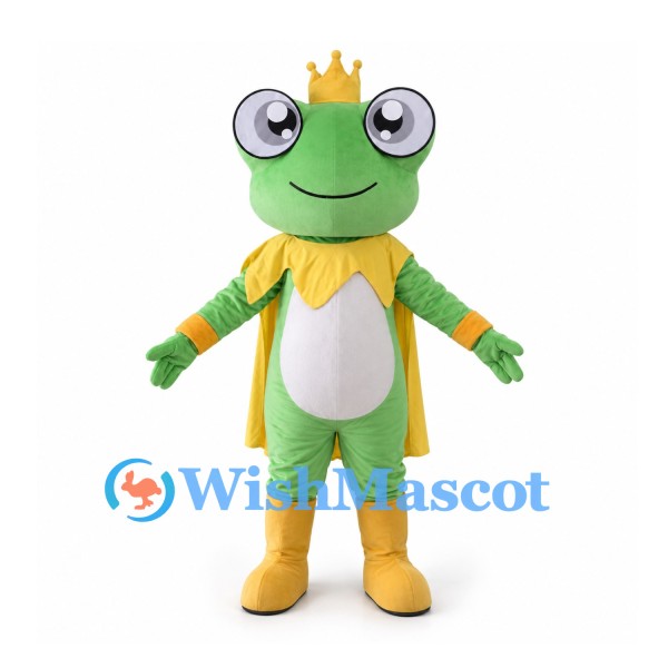Frog King Mascot Costume with Gold Crown and Yellow Royal Cape