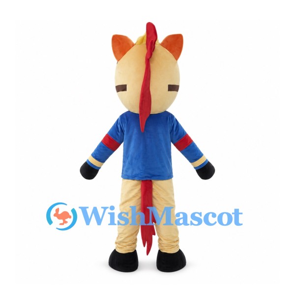 Horse Mascot Costume with Blue Shirt Red Mane and Yellow Hat