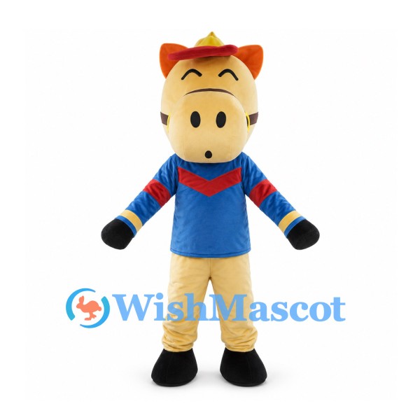 Horse Mascot Costume with Blue Shirt Red Mane and Yellow Hat