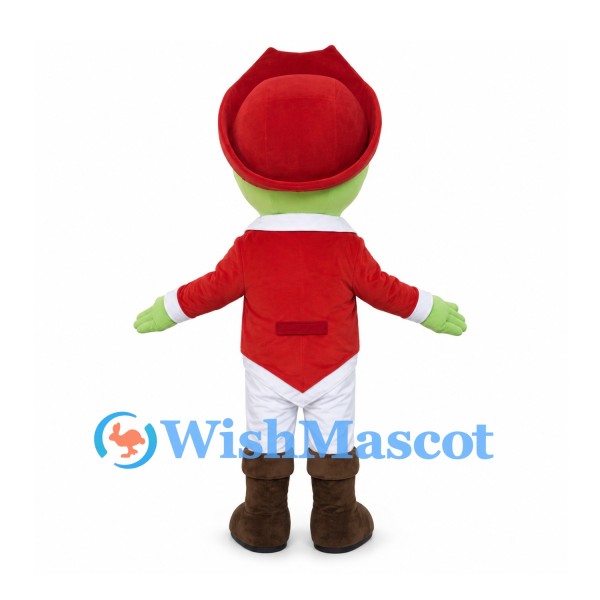 Green Cowboy Mascot Costume with Red Hat and Jacket