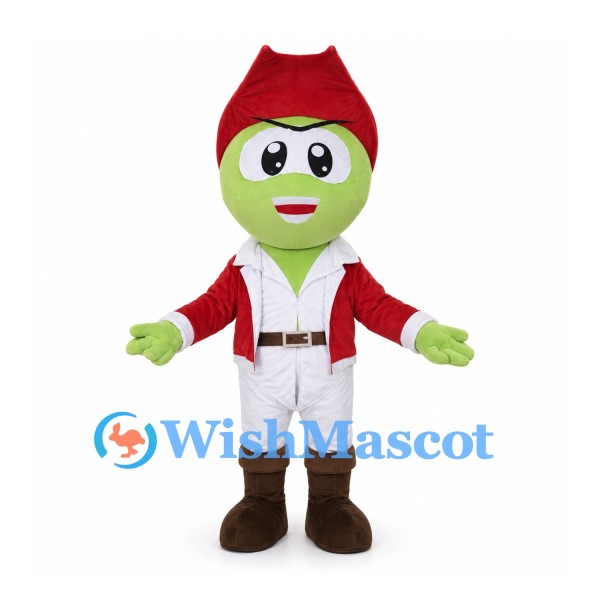 Green Cowboy Mascot Costume with Red Hat and Jacket