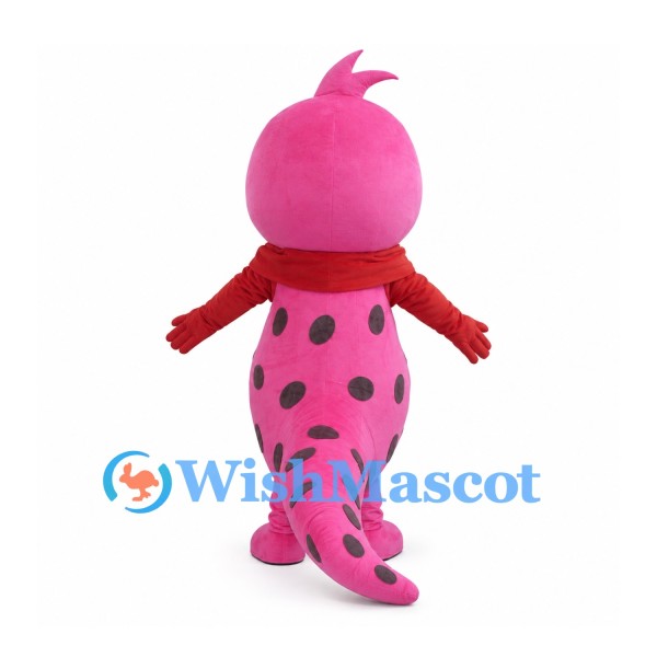 Pink Dinosaur Mascot Costume with Black Spots and Red Scarf