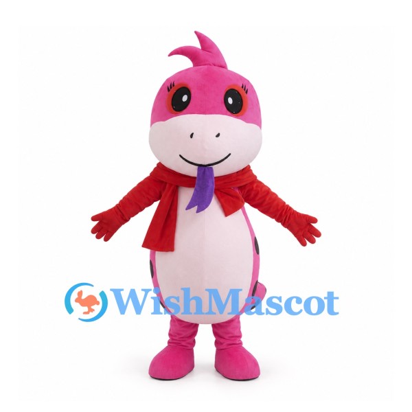 Pink Dinosaur Mascot Costume with Black Spots and Red Scarf