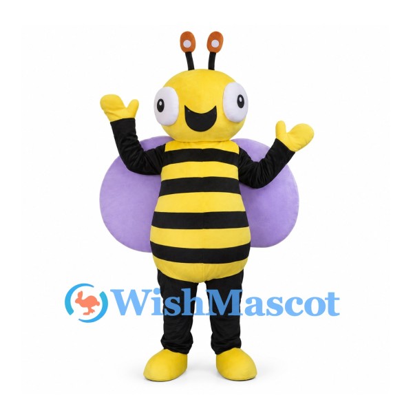 Bee Mascot Costume with Purple Wings and Black Yellow Stripes