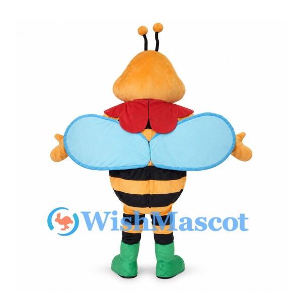 Bee Mascot Costume with Blue Wings Red Collar and Green Boots