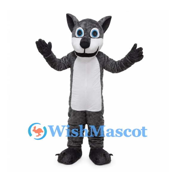 Gray Wolf Mascot Costume with White Belly and Blue Eyes
