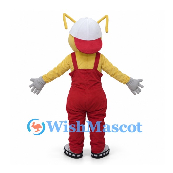 Ant Mascot Costume in Yellow with Red Overalls and White Cap