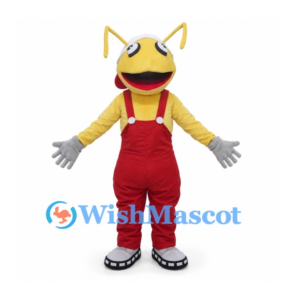 Ant Mascot Costume in Yellow with Red Overalls and White Cap