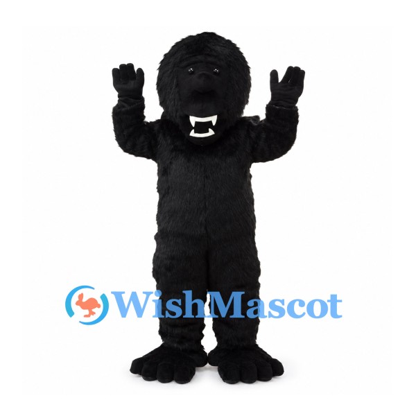 Black Gorilla Mascot Costume with Shaggy Fur and White Fangs