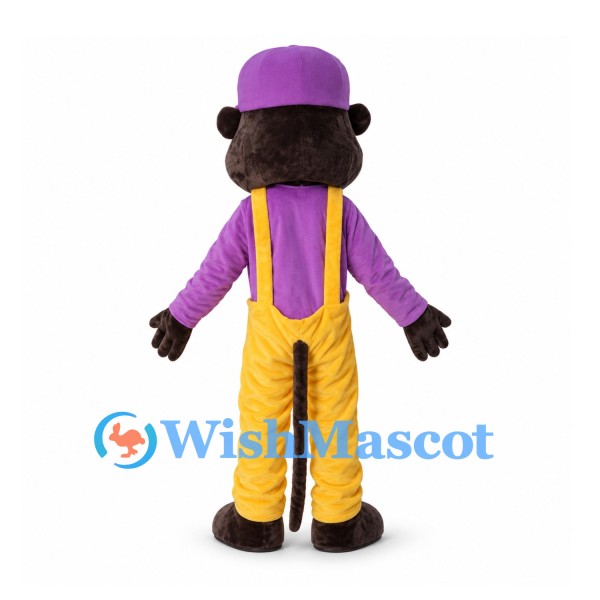 Otter Mascot Costume with Purple Cap Shirt and Yellow Suspender Pants