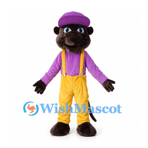 Otter Mascot Costume with Purple Cap Shirt and Yellow Suspender Pants