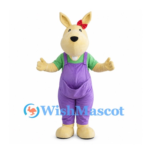 Kangaroo Mascot Costume with Purple Overalls and Green Shirt