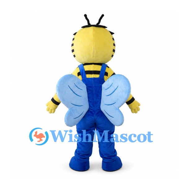 Bee Mascot Costume with Blue Overalls and Blue Wings