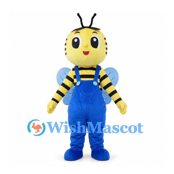 Bee Mascot Costume with Blue Overalls and Blue Wings