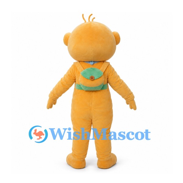 Yellow Alien Mascot Costume with Blue Bandana and Green Backpack