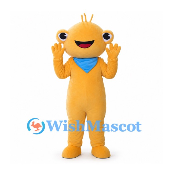 Yellow Alien Mascot Costume with Blue Bandana and Green Backpack