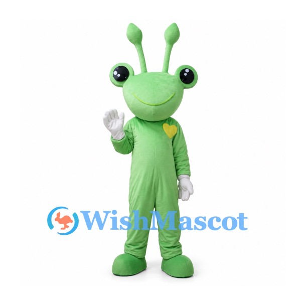 Green Alien Mascot Costume with Eyestalks and Long Antennae