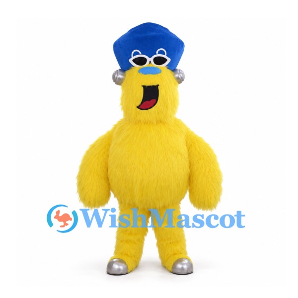 Yellow Monster Mascot Costume with Blue Hat and White Sunglasses