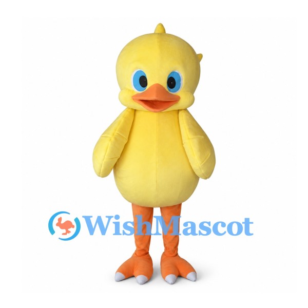 Yellow Duckling Mascot Costume with Orange Beak and Long Legs