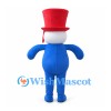 Snowman Mascot Costume with Red Top Hat and Blue Body