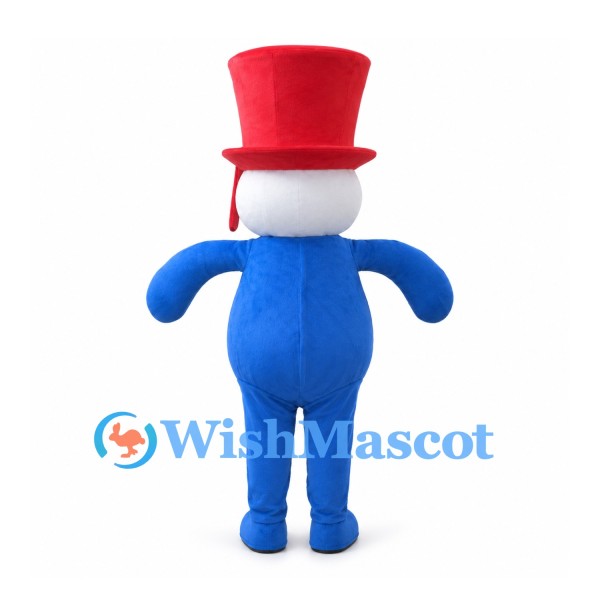 Snowman Mascot Costume with Red Top Hat and Blue Body