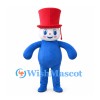 Snowman Mascot Costume with Red Top Hat and Blue Body