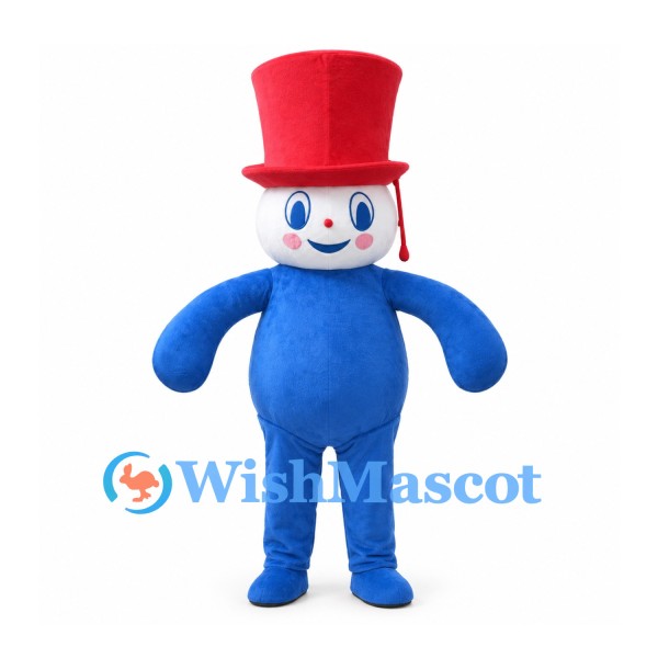 Snowman Mascot Costume with Red Top Hat and Blue Body