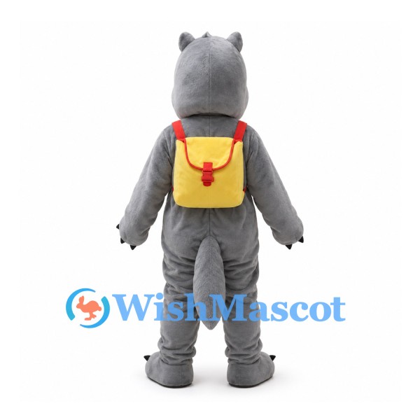 Gray Wolf Mascot Costume with Yellow Backpack and White Belly