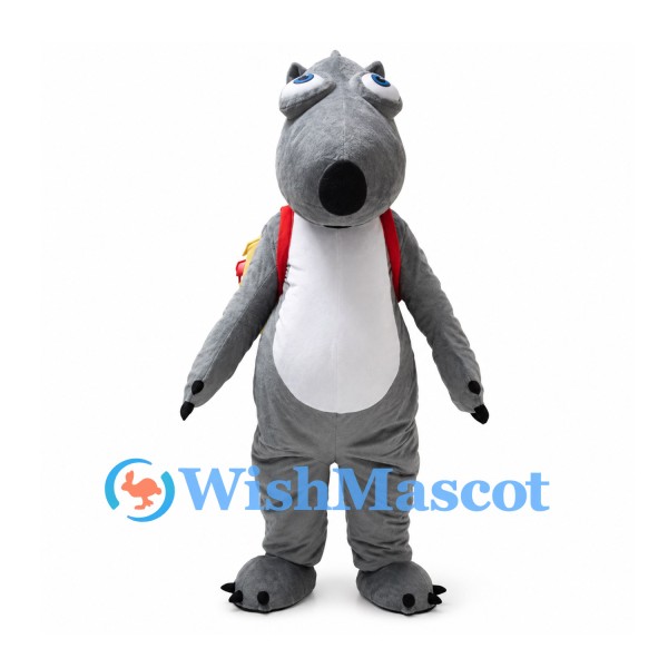 Gray Wolf Mascot Costume with Yellow Backpack and White Belly