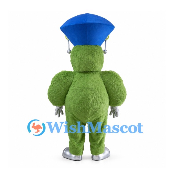 Green Alien Mascot Costume with Tall Blue Hat and Silver Gloves