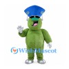 Green Alien Mascot Costume with Tall Blue Hat and Silver Gloves