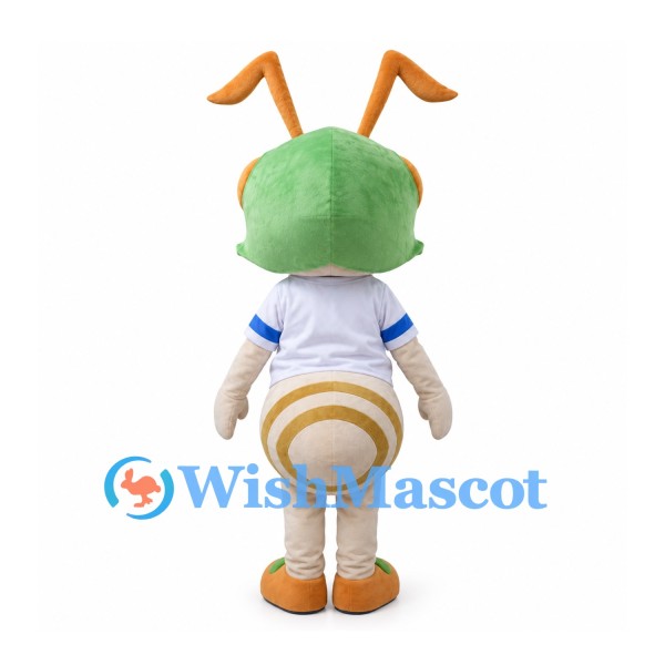 Insect Mascot Costume with Green Hair and Blue Striped Shirt