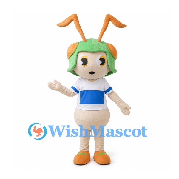 Insect Mascot Costume with Green Hair and Blue Striped Shirt