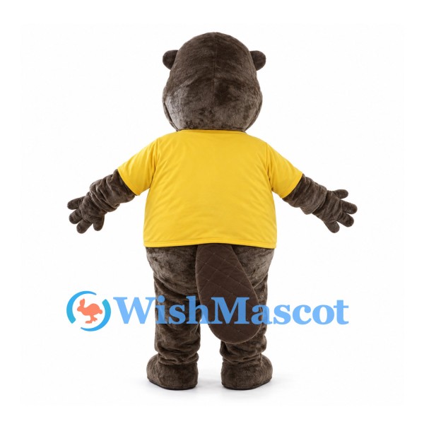 Brown Beaver Mascot Costume with Yellow Shirt and Buck Teeth