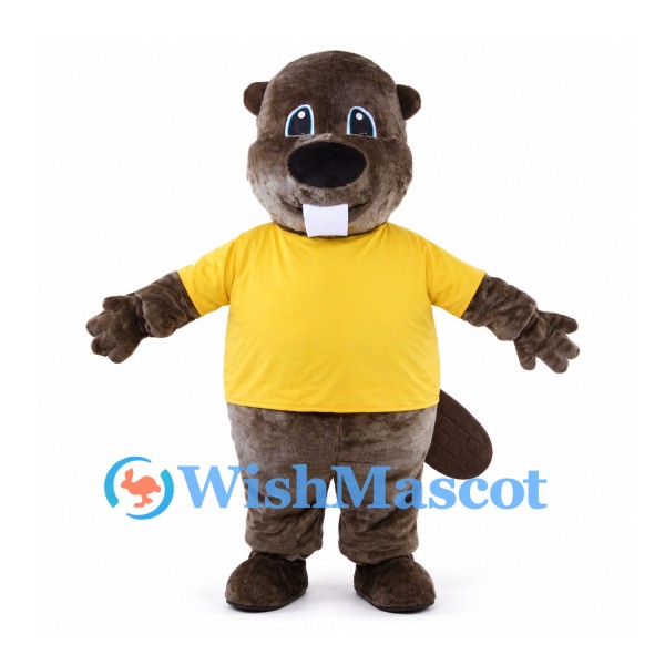 Brown Beaver Mascot Costume with Yellow Shirt and Buck Teeth