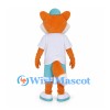 Orange Fox Mascot Costume with White Shirt and Turquoise Shorts