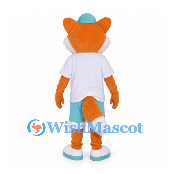 Orange Fox Mascot Costume with White Shirt and Turquoise Shorts